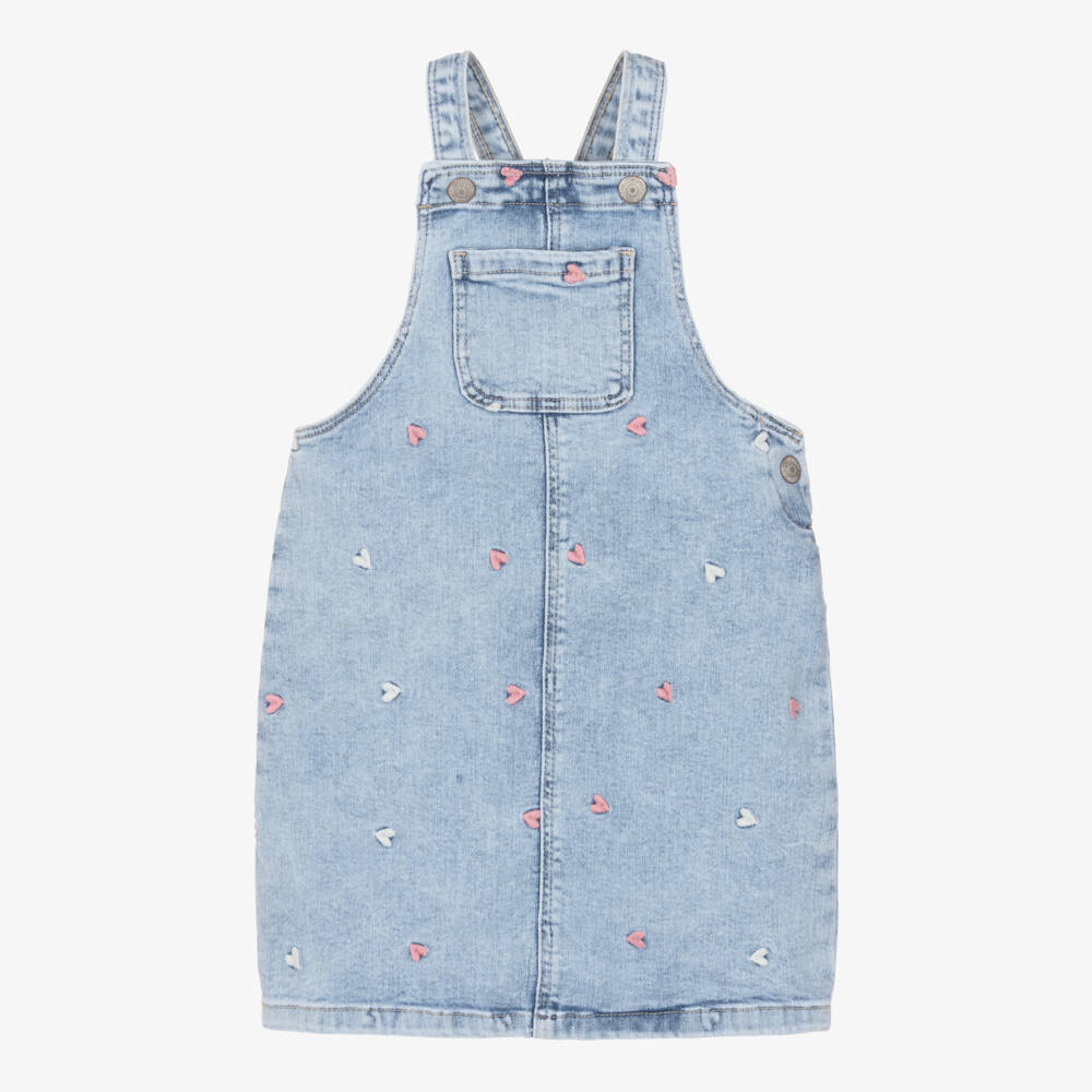 NAME IT-Girls Light Blue Denim Pinafore Dress with Embroidered Hearts | Childrensalon Outlet