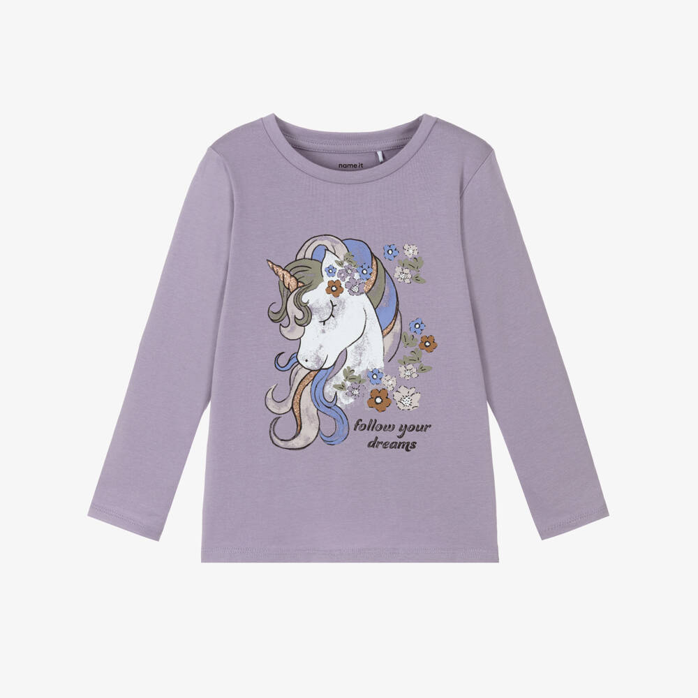 NAME IT-Girls Light Purple Cotton Top with Unicorn Print | Childrensalon Outlet