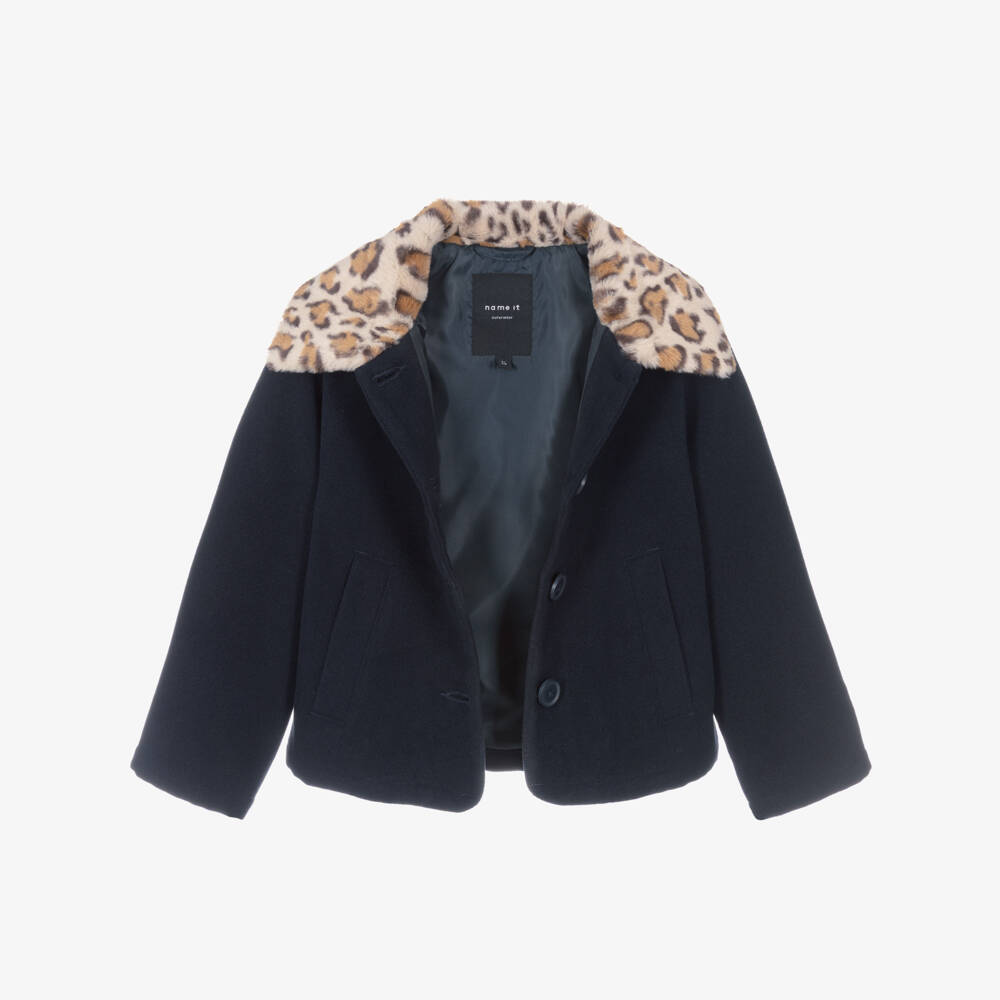 NAME IT-Girls Navy Blue Felted Jacket with Faux Fur Collar | Childrensalon Outlet