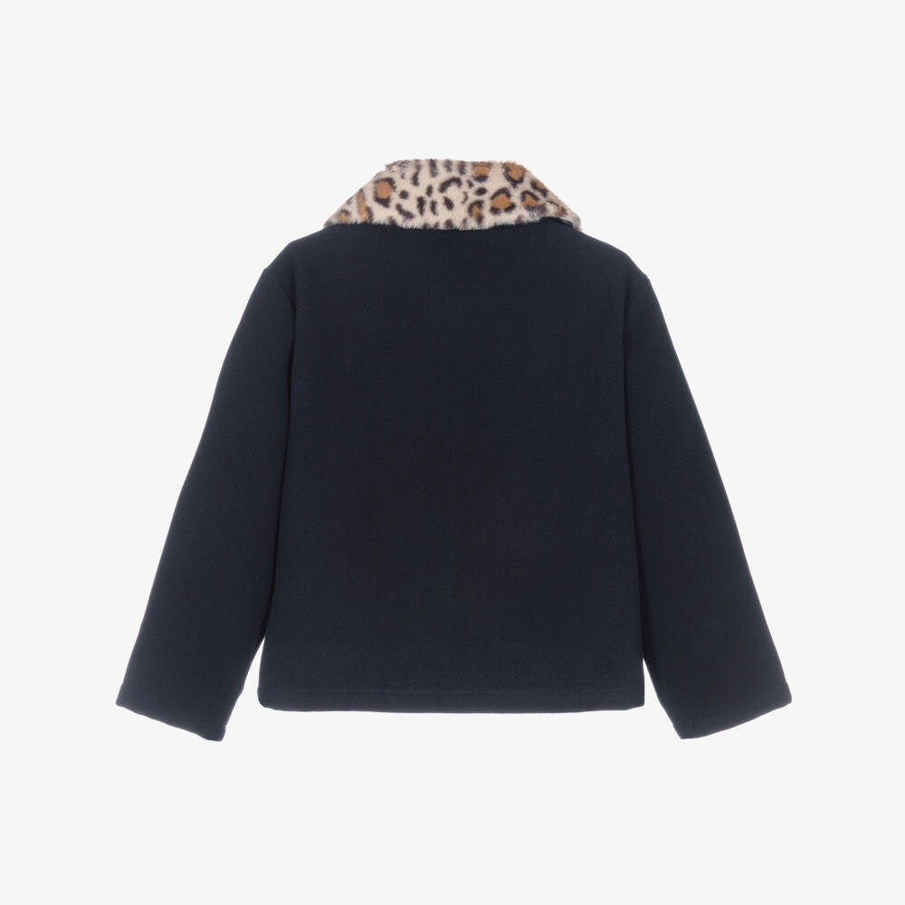 NAME IT-Girls Navy Blue Felted Jacket with Faux Fur Collar | Childrensalon Outlet