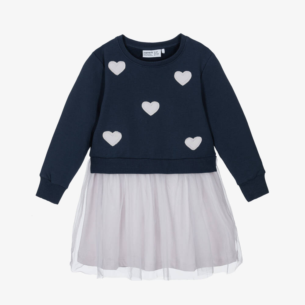 NAME IT-Girls Navy Blue Organic Cotton Jersey & Tulle Dress | Childrensalon Outlet