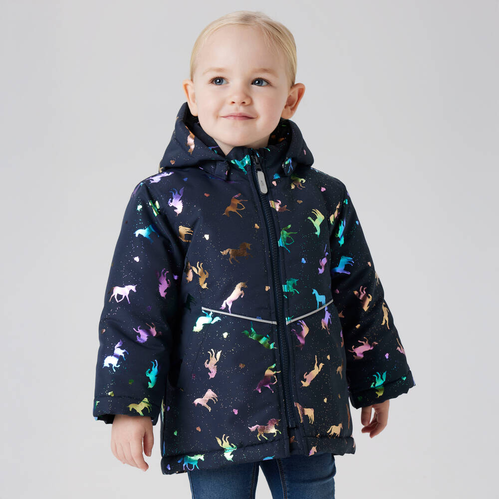 NAME IT-Girls Navy Blue Unicorn Print Padded Jacket | Childrensalon Outlet