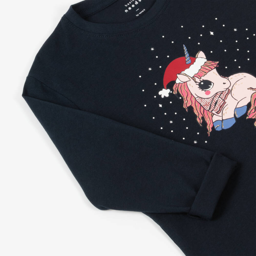NAME IT-Girls Navy Festive Unicorn Top | Childrensalon Outlet