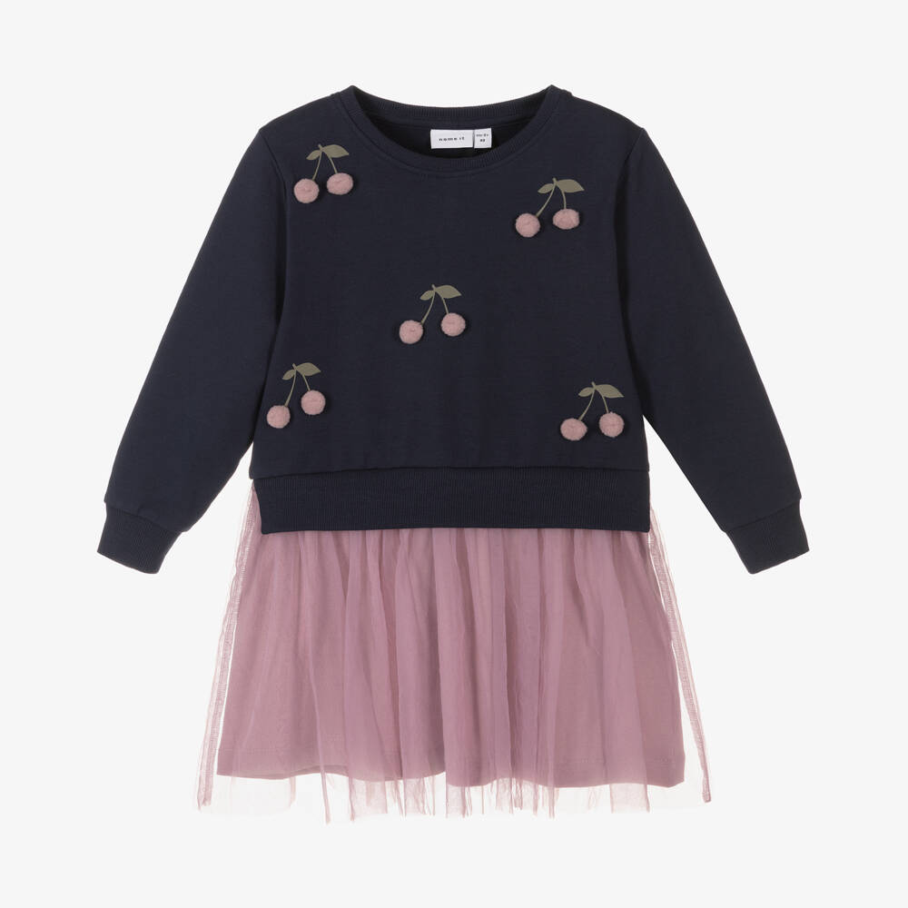 NAME IT-Girls Navy Tulle Cherry Frock | Childrensalon Outlet