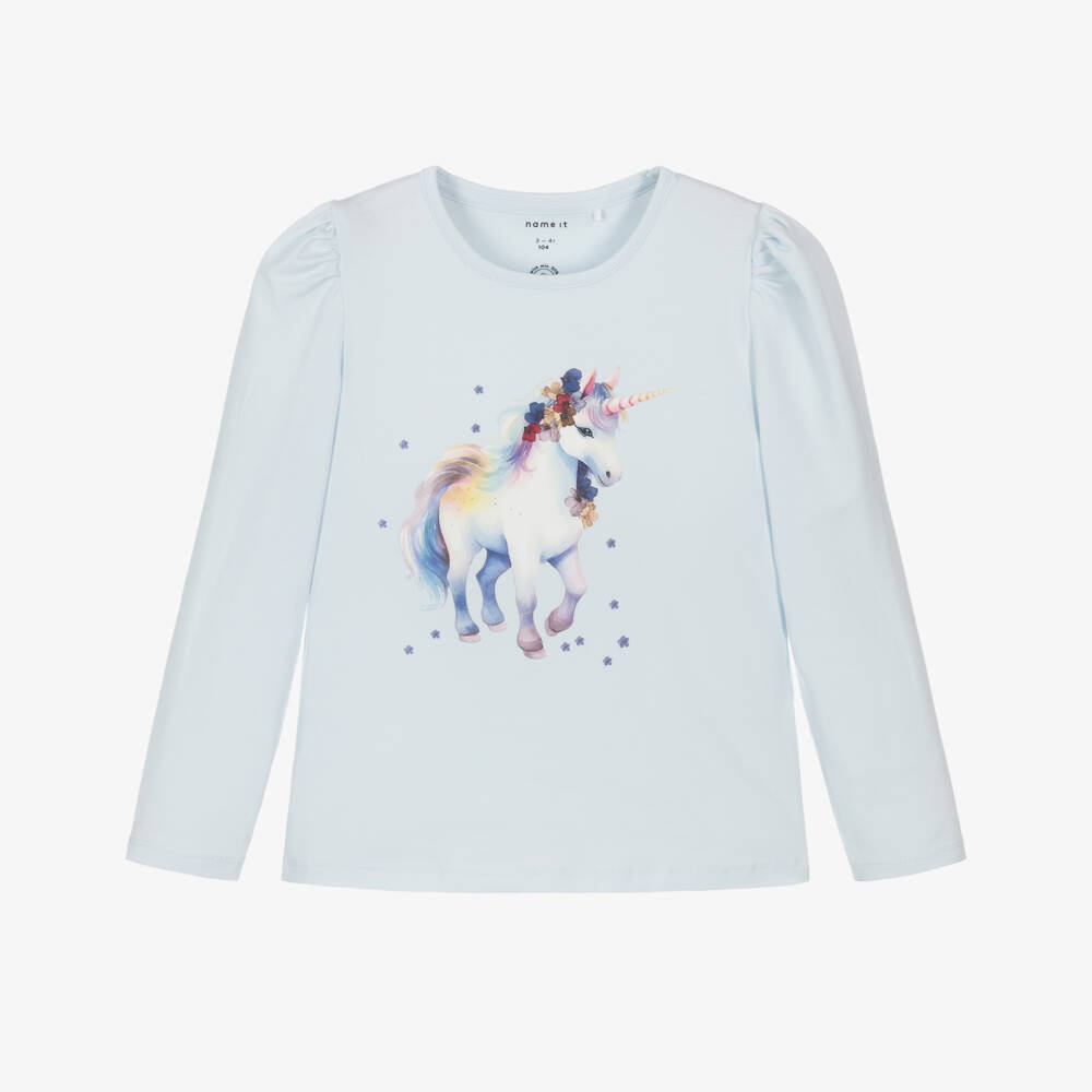 NAME IT-Girls Pale Blue Organic Cotton Top with Pink Unicorn | Childrensalon Outlet
