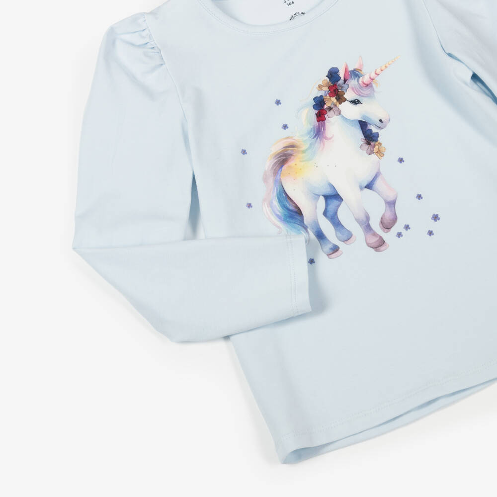 NAME IT-Girls Pale Blue Organic Cotton Top with Pink Unicorn | Childrensalon Outlet