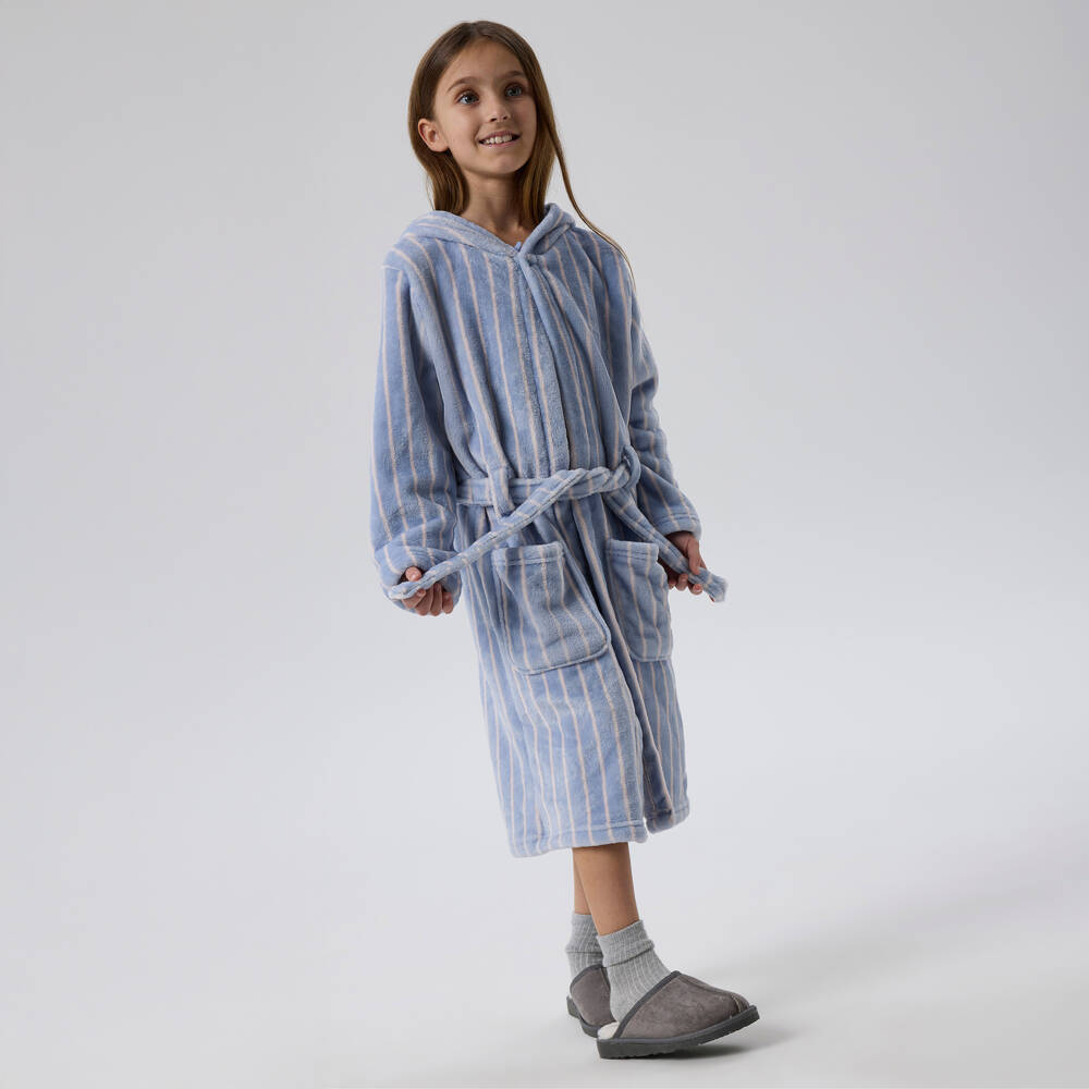 NAME IT-Girls Pale Blue Plush Dressing Gown with Pink Stripes | Childrensalon Outlet