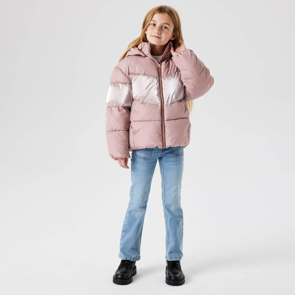 NAME IT-Girls Pink Hooded Puffer Jacket with Fleece Lining | Childrensalon Outlet