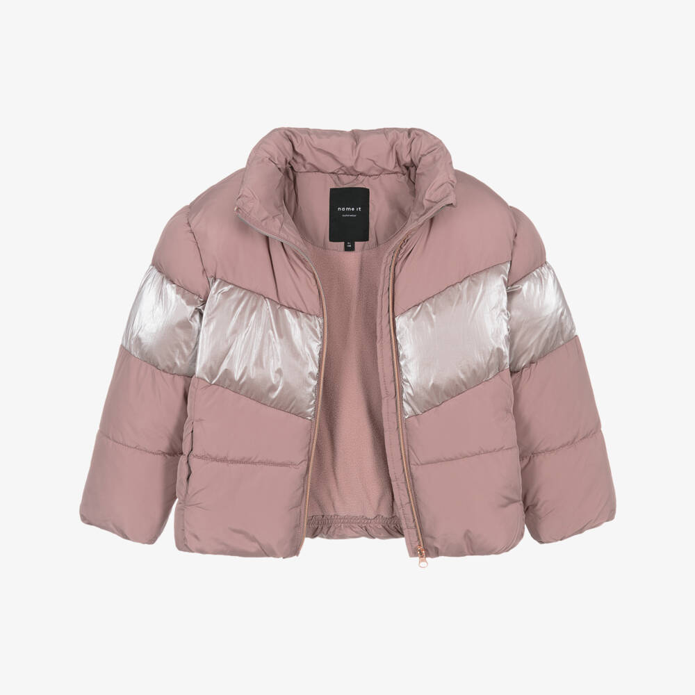 NAME IT-Girls Pink Hooded Puffer Jacket with Fleece Lining | Childrensalon Outlet