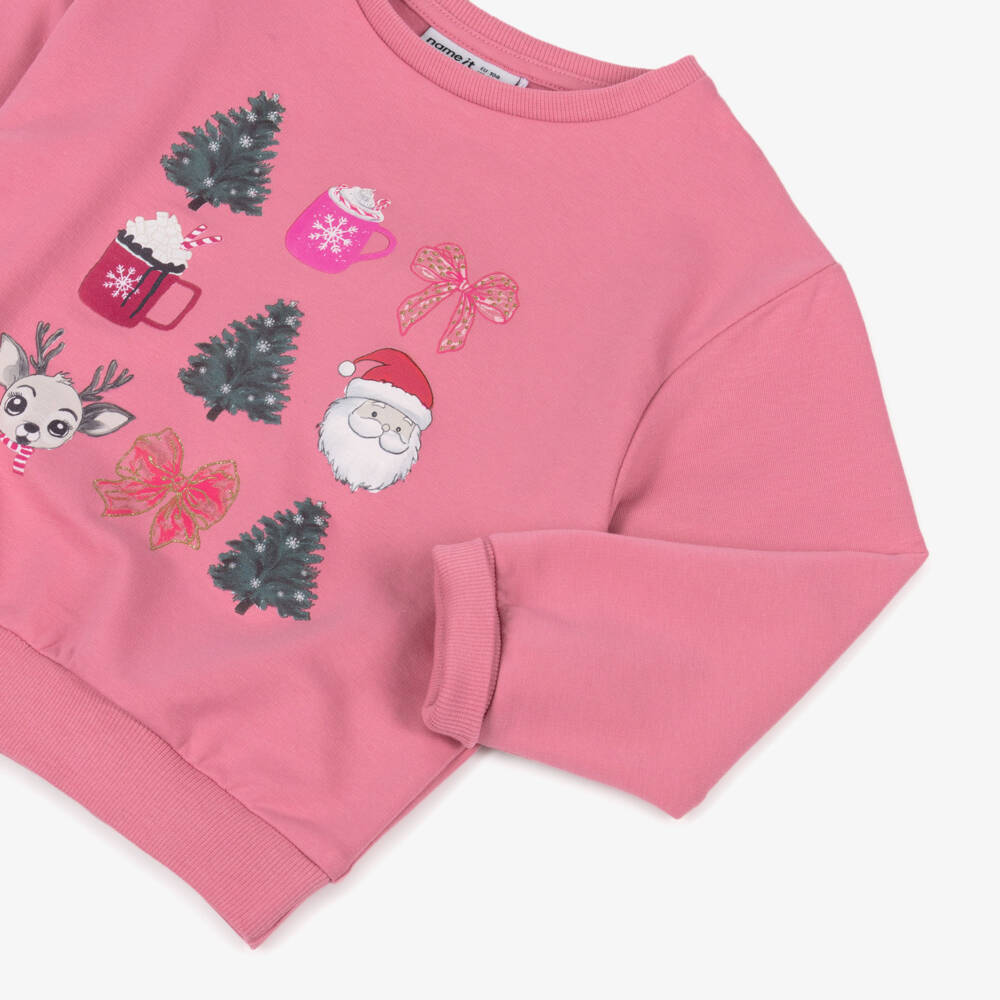 NAME IT-Girls Pink Organic Cotton Christmas Print Sweatshirt | Childrensalon Outlet