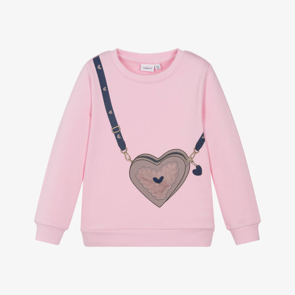 NAME IT-Girls Pink Organic Cotton Heart Bag Print Sweatshirt | Childrensalon Outlet