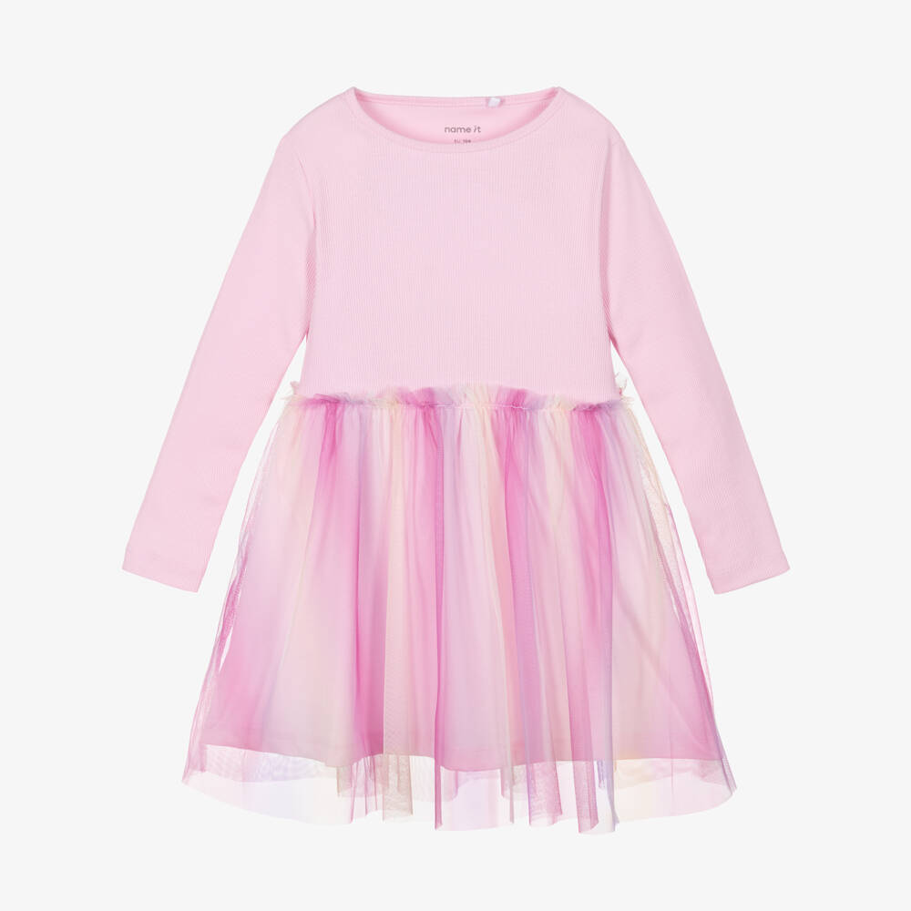 NAME IT-Girls Pink Organic Cotton Jersey Dress with Tulle | Childrensalon Outlet