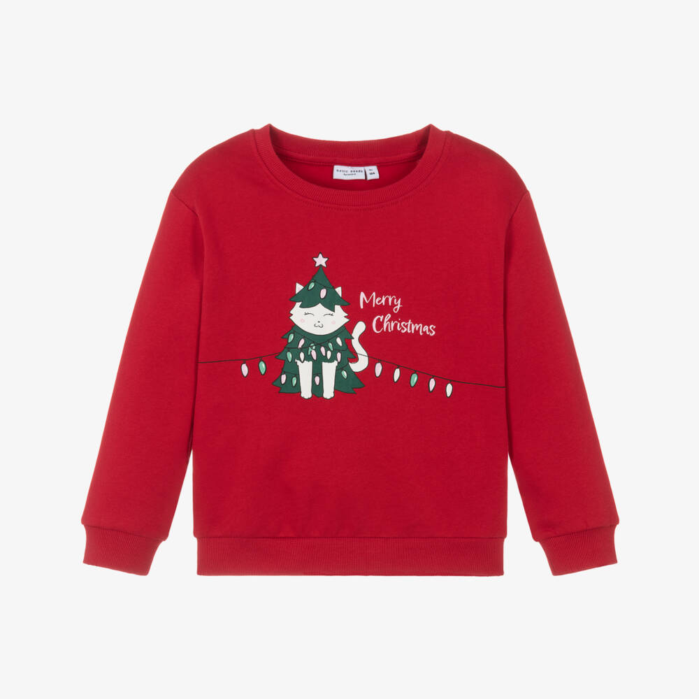 NAME IT-Girls Red Cotton Christmas Tree Cat Sweatshirt | Childrensalon Outlet