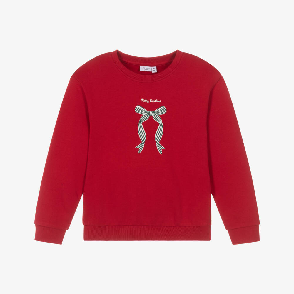 NAME IT-Girls Red Cotton Festive Bow Sweatshirt | Childrensalon Outlet