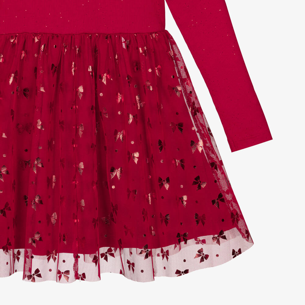 NAME IT-Girls Red Cotton Jersey & Tulle Bow Print Dress | Childrensalon Outlet