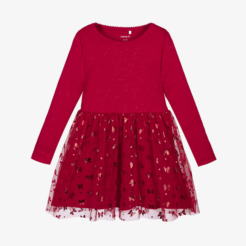 NAME IT-Girls Red Cotton Jersey & Tulle Bow Print Dress | Childrensalon Outlet