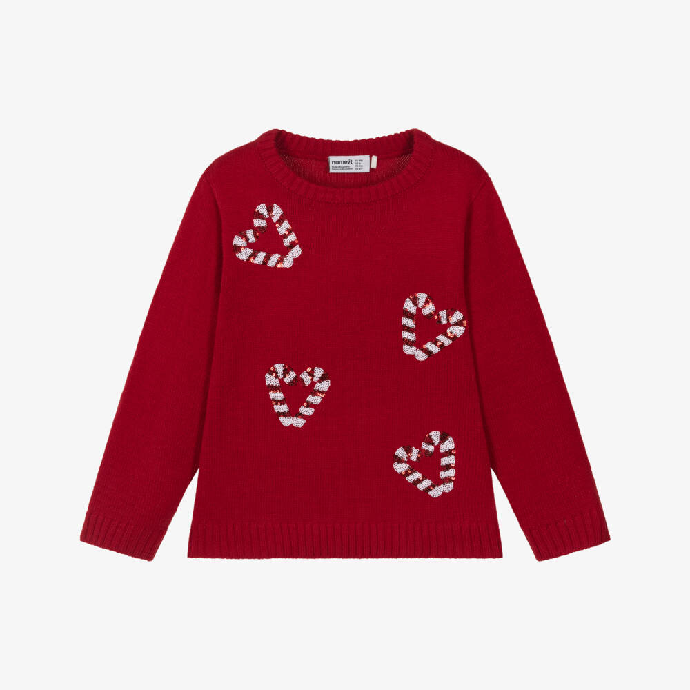 NAME IT-Girls Red Sequinned Candy Cane Knitted Sweater | Childrensalon Outlet