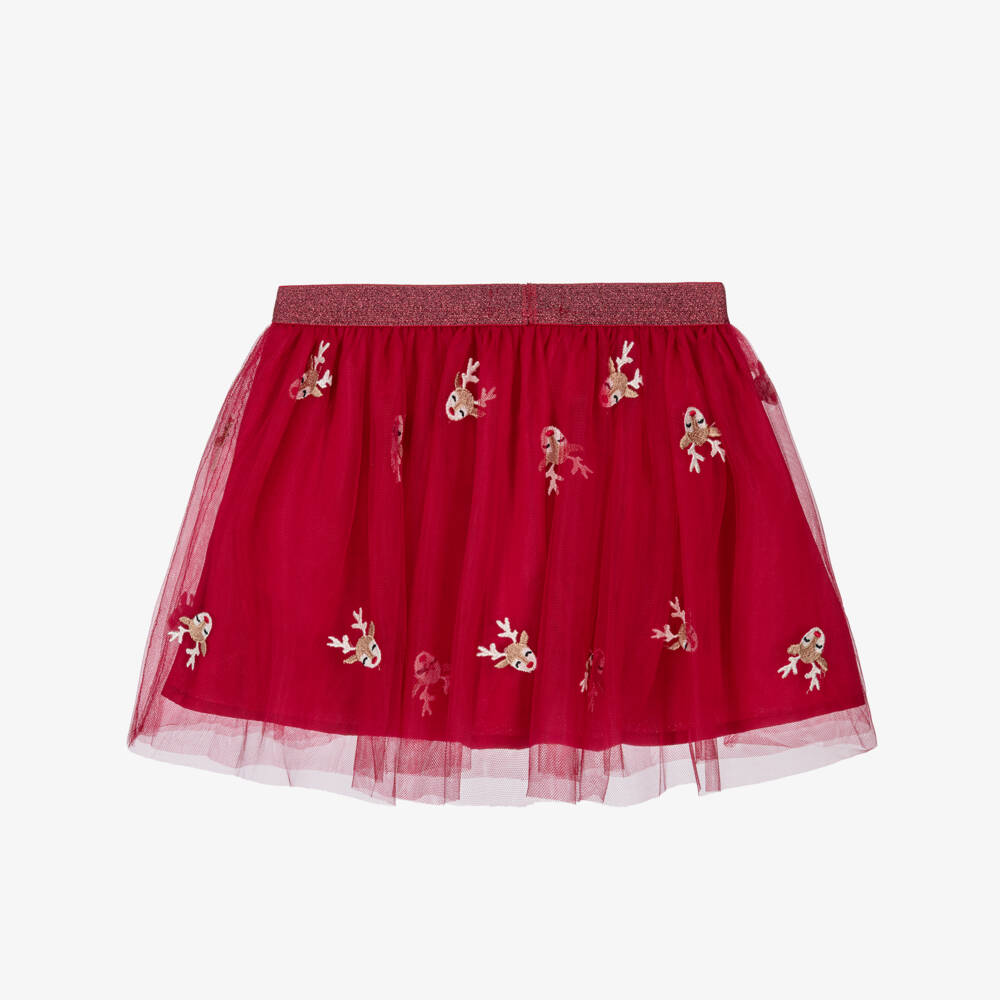 NAME IT-Girls Red Tulle Skirt with Embroidered Reindeers | Childrensalon Outlet