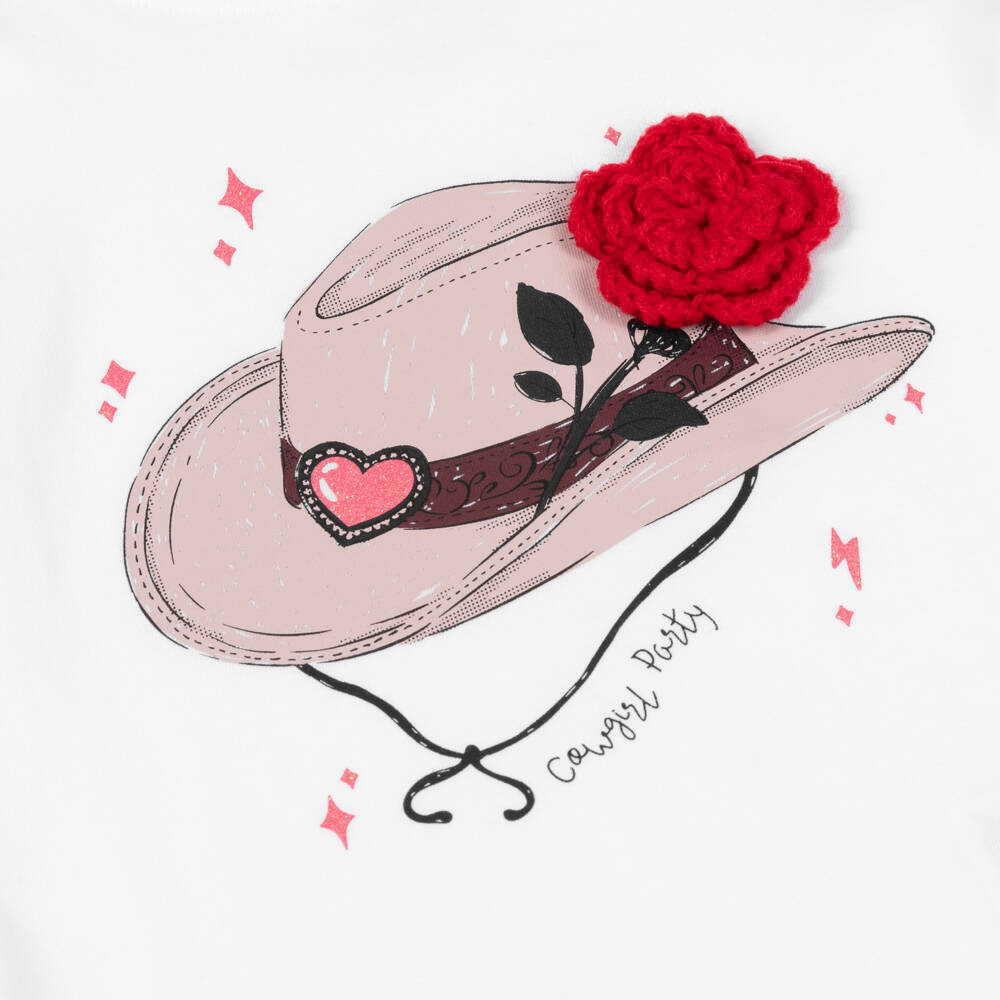 NAME IT-Girls White Cotton Cowboy Hat T-shirt with Flower Applique | Childrensalon Outlet