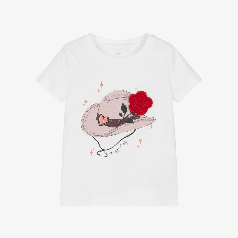 NAME IT-Girls White Cotton Cowboy Hat T-shirt with Flower Applique | Childrensalon Outlet