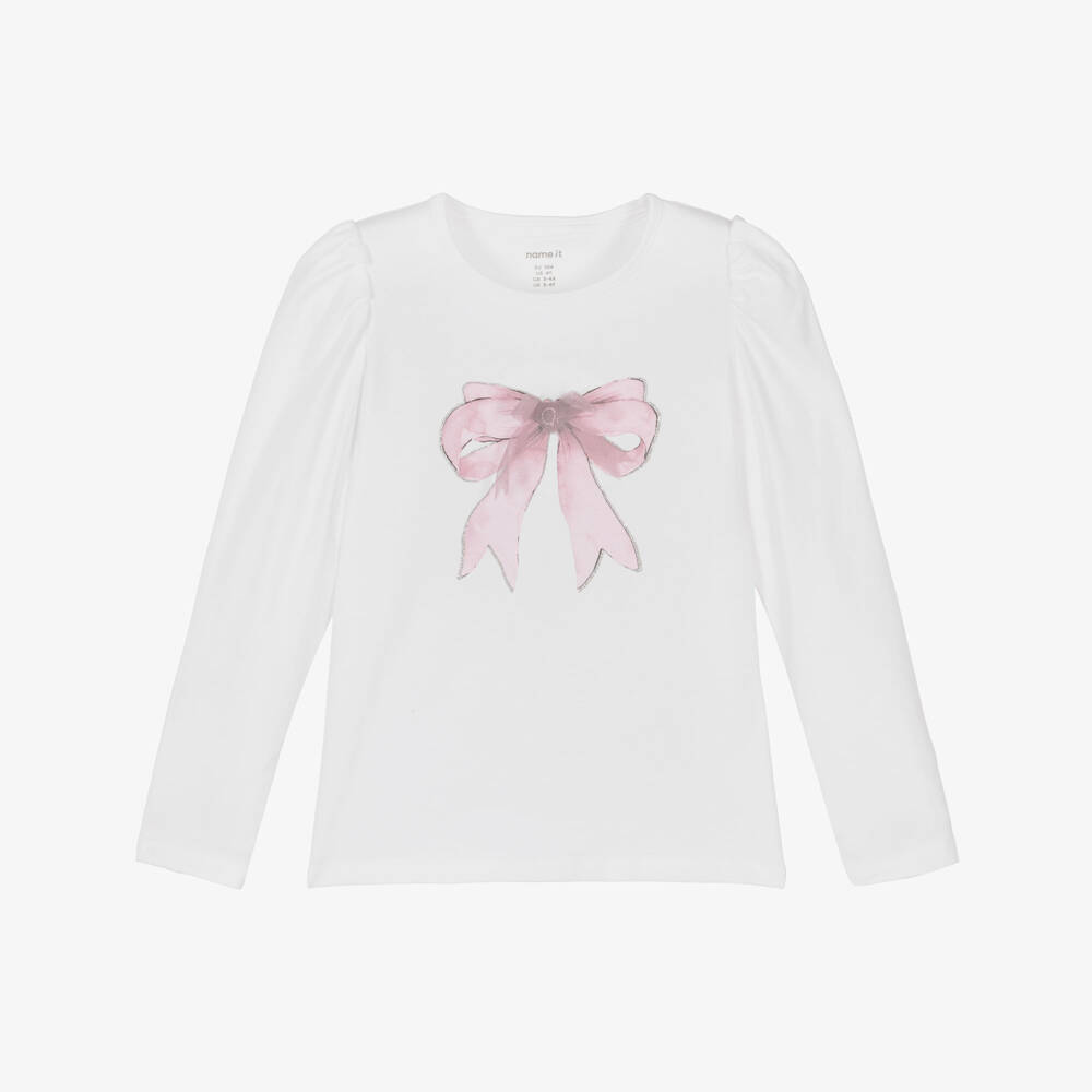 NAME IT-Girls White Cotton Jersey Top with Pink Tulle Bow | Childrensalon Outlet