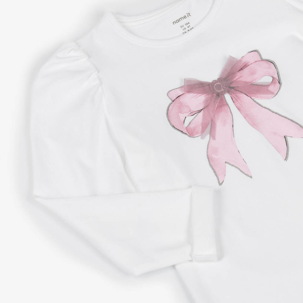 NAME IT-Girls White Cotton Jersey Top with Pink Tulle Bow | Childrensalon Outlet