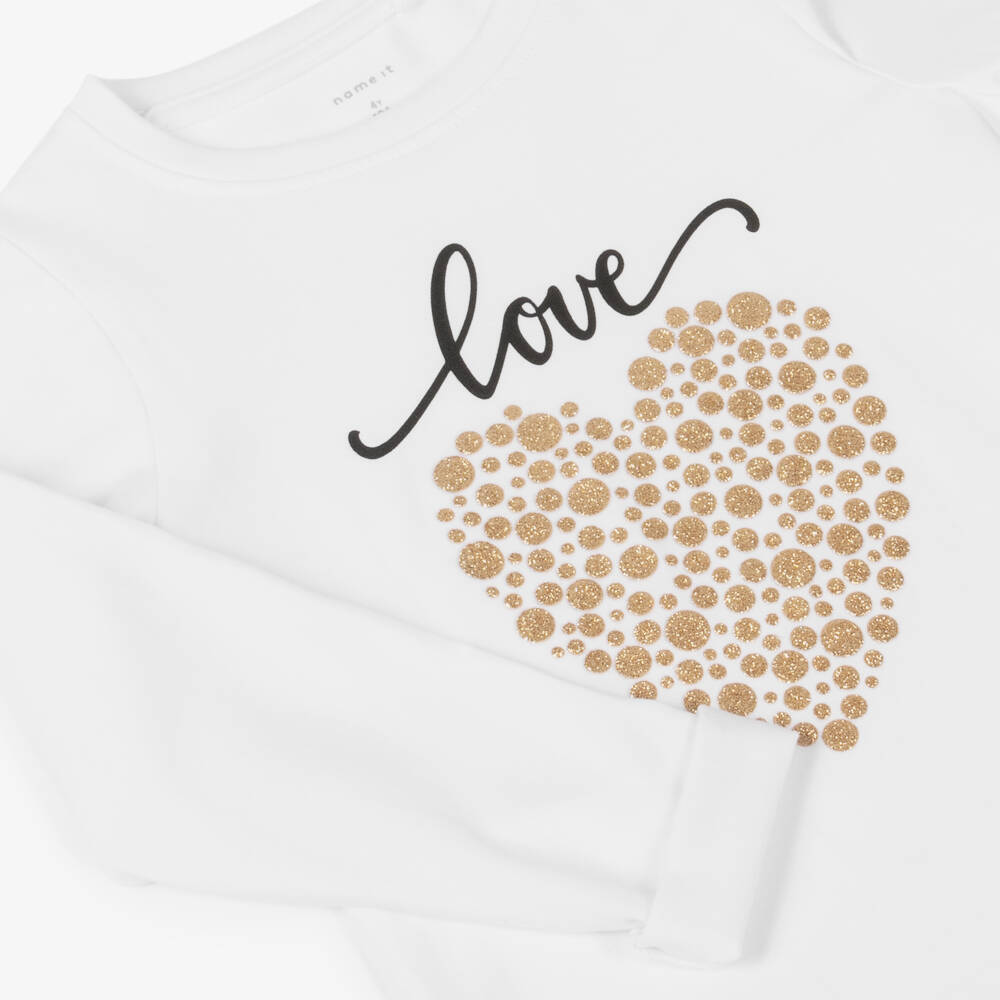 NAME IT-Girls White Glitter Heart Cotton Top | Childrensalon Outlet