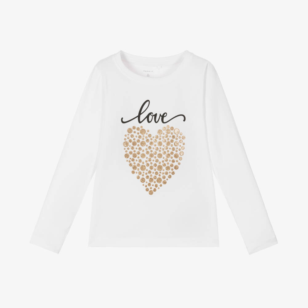 NAME IT-Girls White Glitter Heart Cotton Top | Childrensalon Outlet