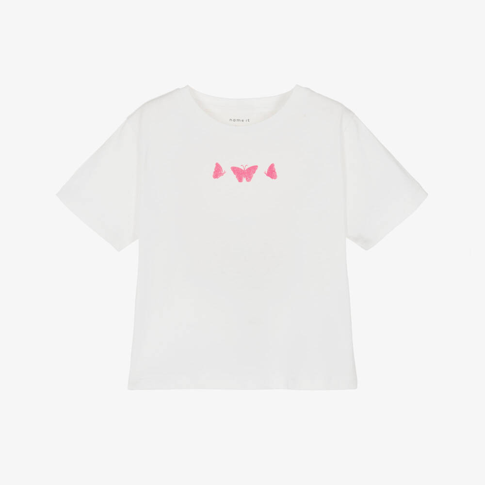 NAME IT-Girls White Organic Cotton T-Shirt with Pink Butterflies | Childrensalon Outlet