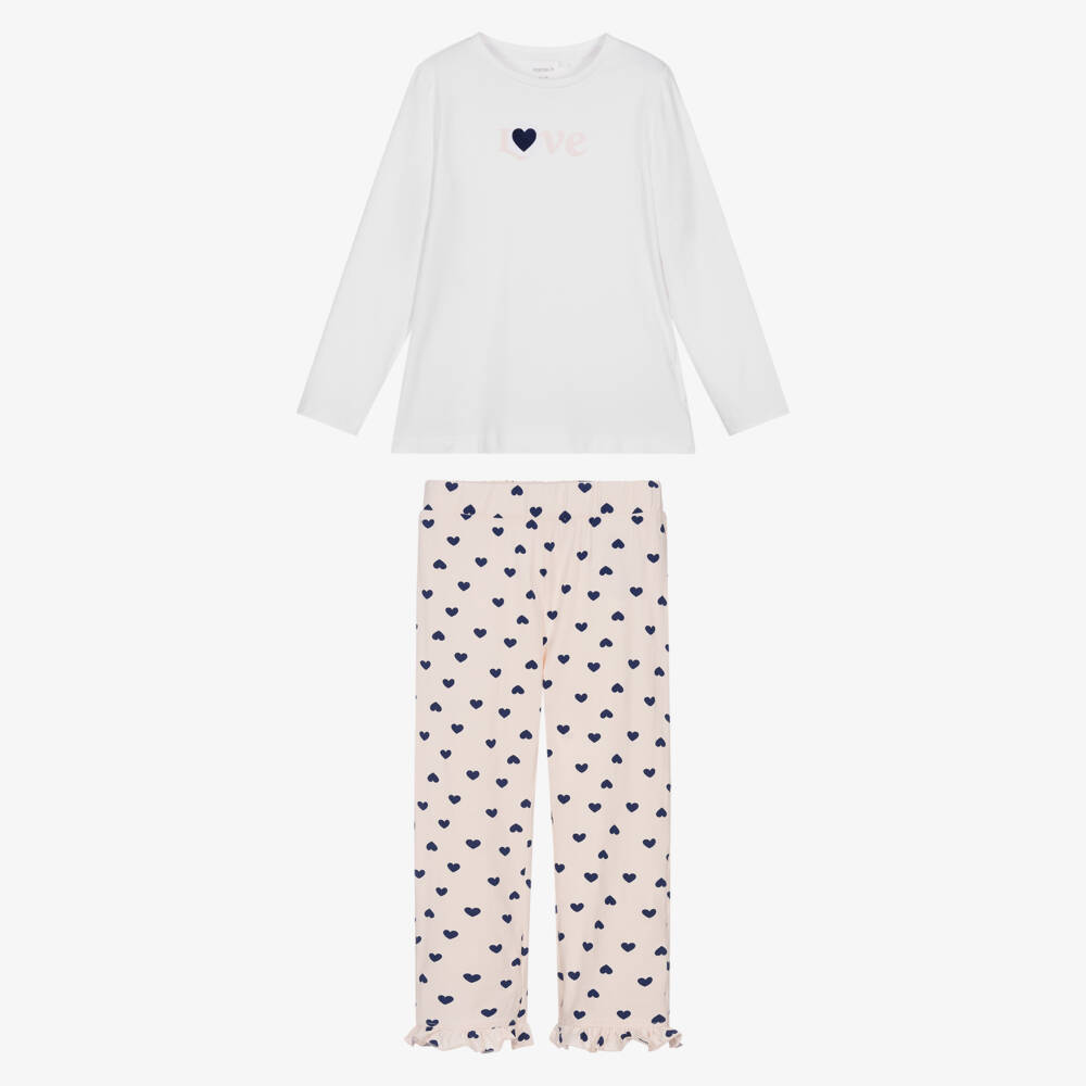 NAME IT-Girls White & Pink Heart Print Cotton Pyjamas | Childrensalon Outlet