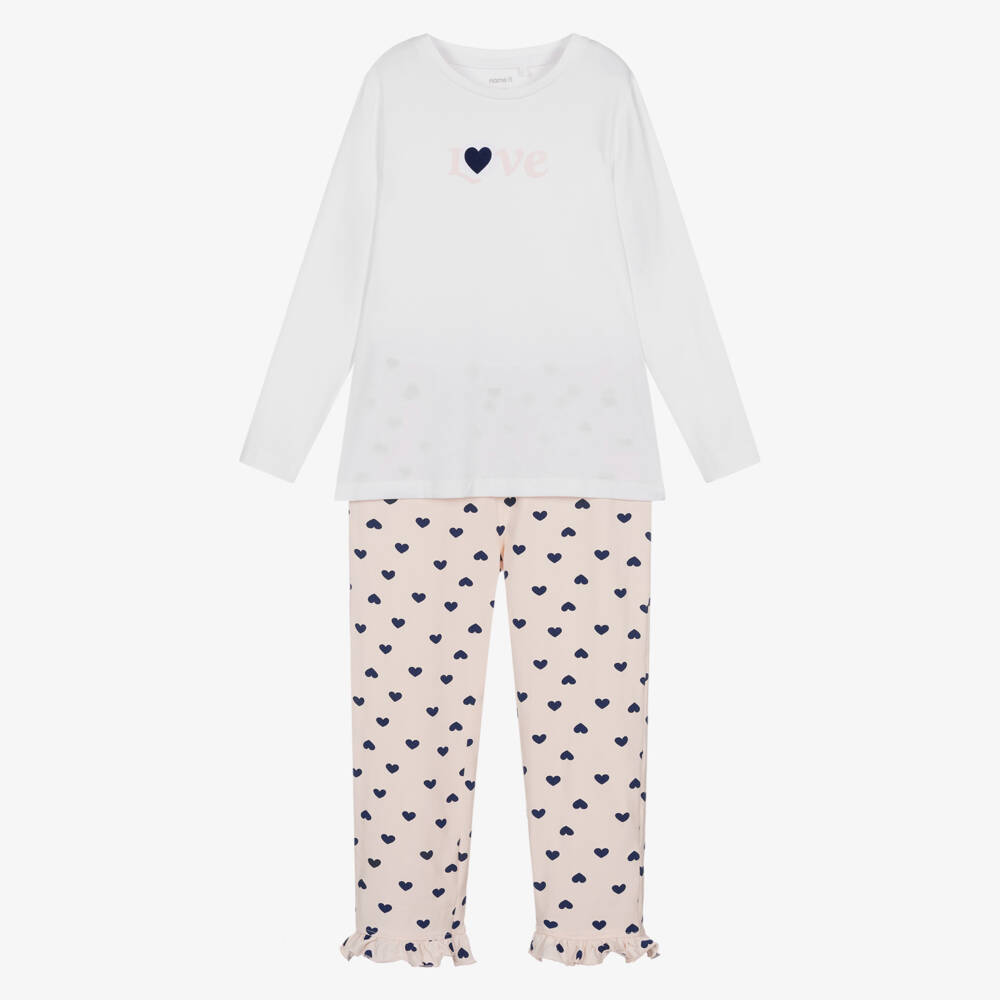 NAME IT-Girls White & Pink Heart Print Cotton Pyjamas | Childrensalon Outlet
