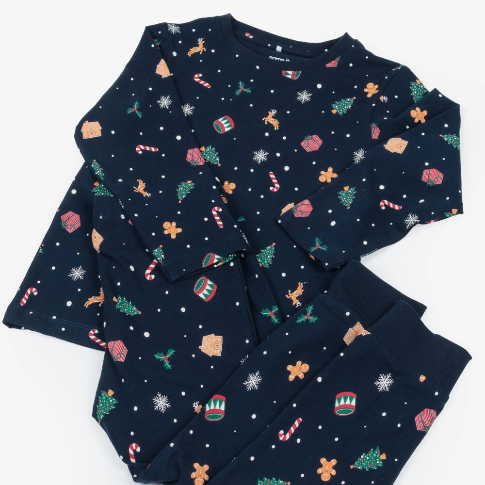 NAME IT-Navy Blue Cotton Jersey Festive Print Long Pyjamas | Childrensalon Outlet