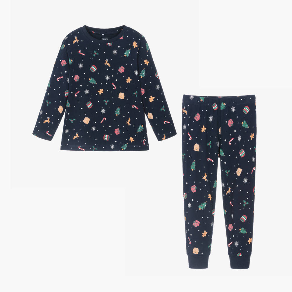 NAME IT-Navy Blue Cotton Jersey Festive Print Long Pyjamas | Childrensalon Outlet