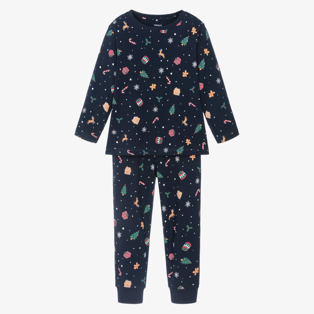 NAME IT-Navy Blue Cotton Jersey Festive Print Long Pyjamas | Childrensalon Outlet