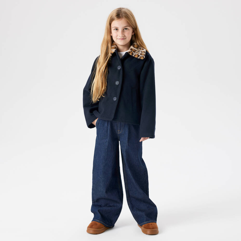 NAME IT-Navy Blue Jacket With Leopard Print Collar | Childrensalon Outlet