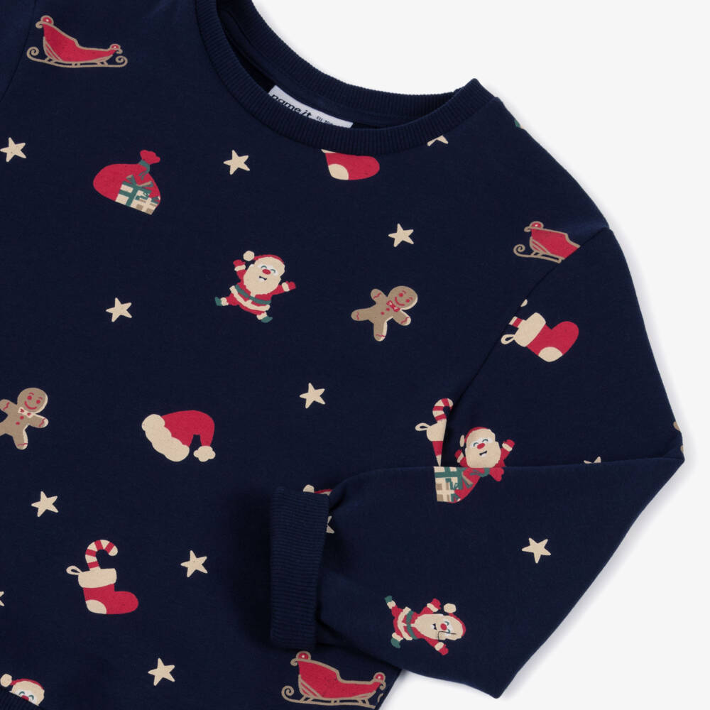 NAME IT-Navy Blue Organic Cotton Festive Print Sweatshirt | Childrensalon Outlet