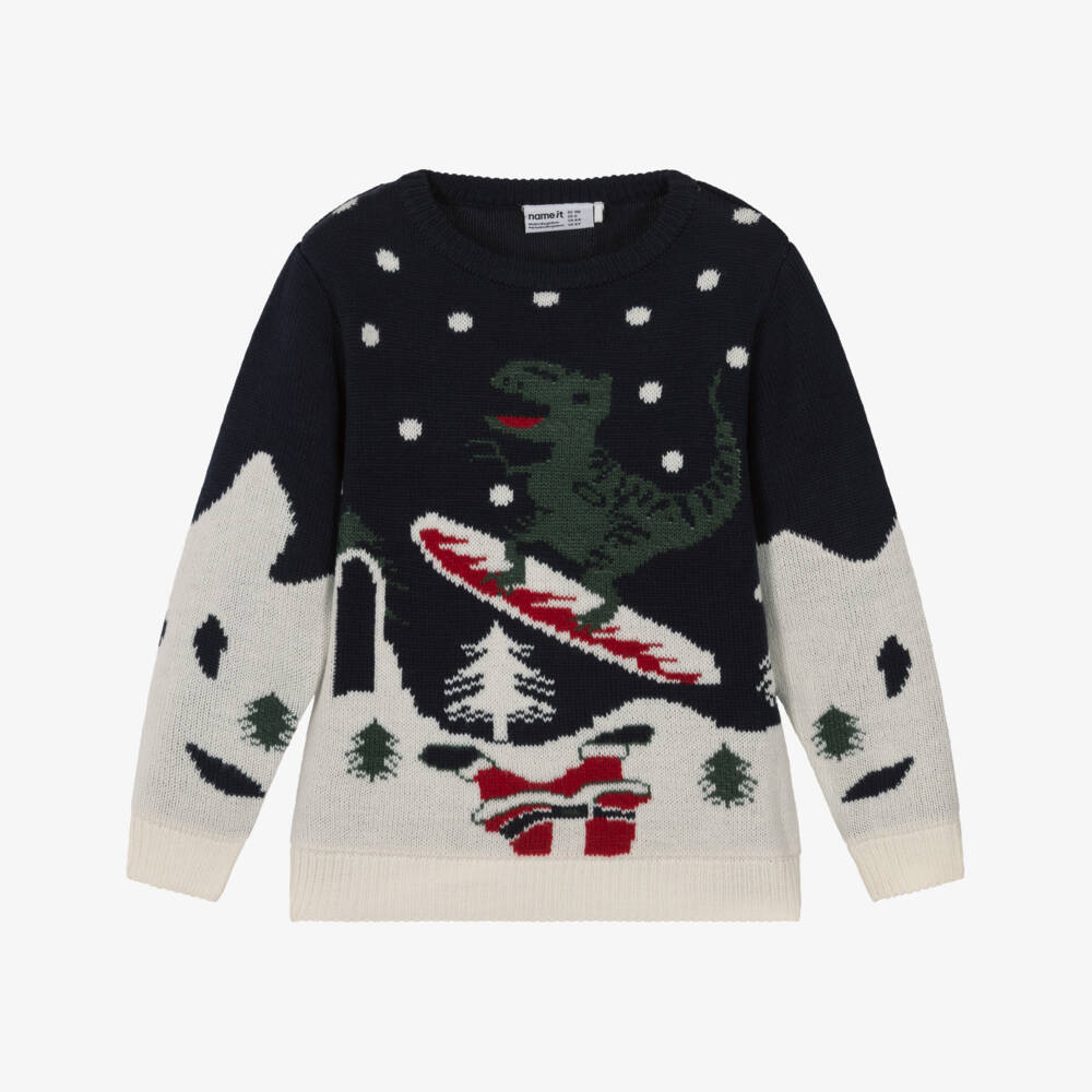 NAME IT-Navy Blue Snowboarding Dinosaur Christmas Jumper | Childrensalon Outlet