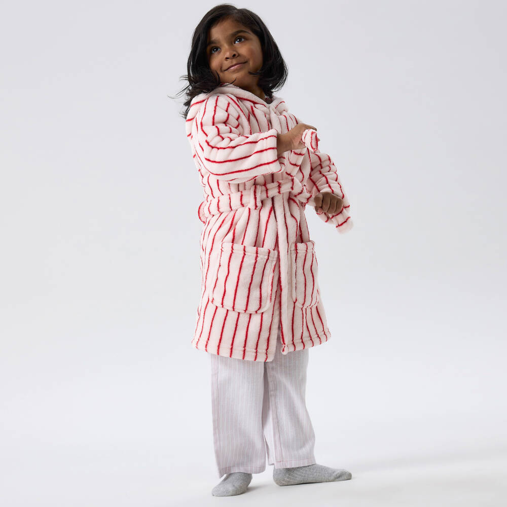 NAME IT-Pale Pink Plush Dressing Gown with Red Stripes | Childrensalon Outlet