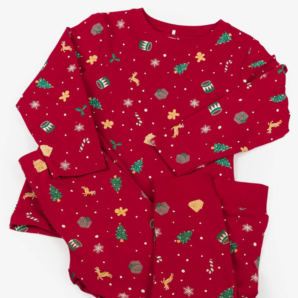 NAME IT-Red Cotton Jersey Festive Print Long Pyjamas | Childrensalon Outlet