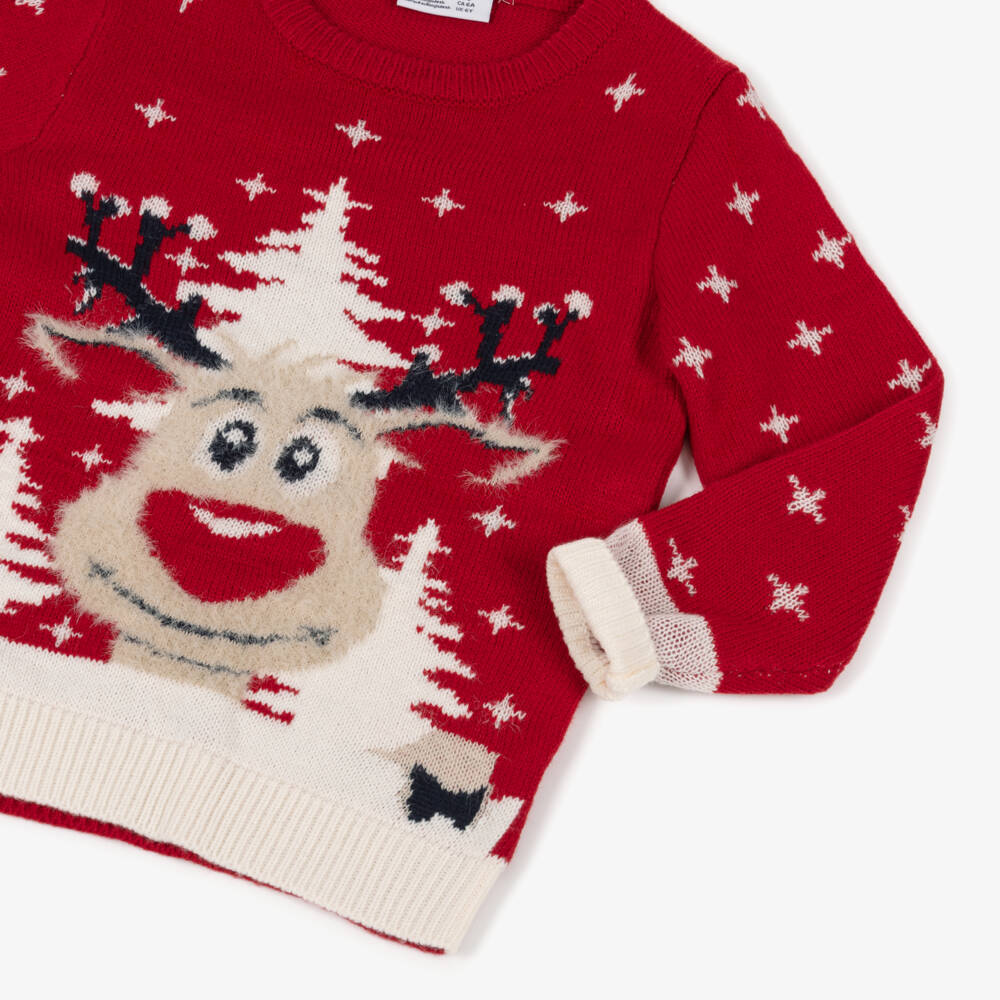 NAME IT-Red Fluffy Reindeer Christmas Jumper | Childrensalon Outlet