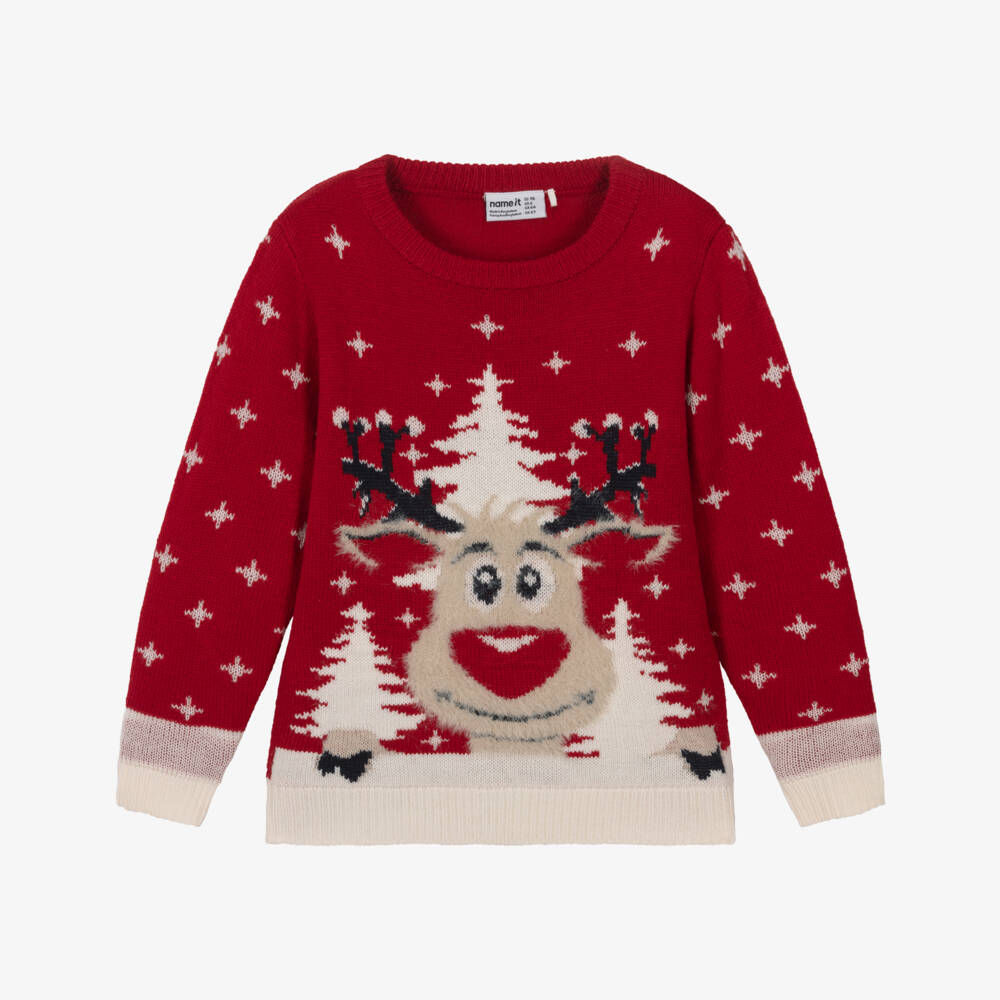 NAME IT-Red Fluffy Reindeer Christmas Jumper | Childrensalon Outlet