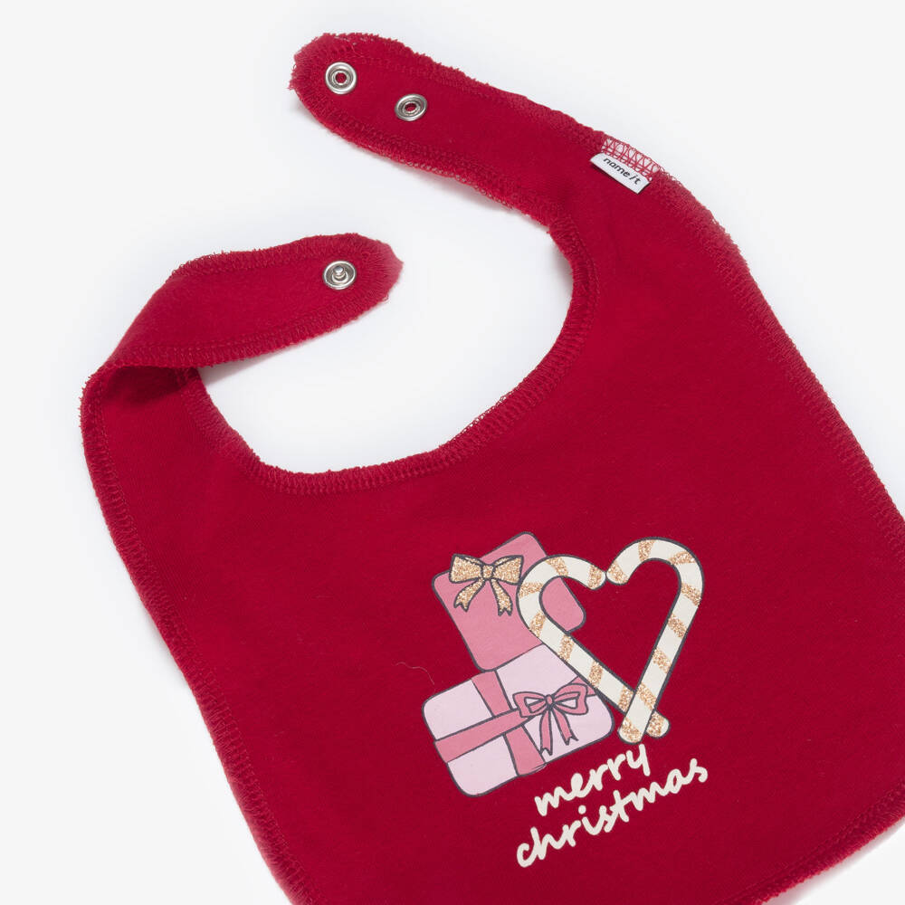 NAME IT-Red Organic Cotton Festive Candy Cane Print Bib | Childrensalon Outlet