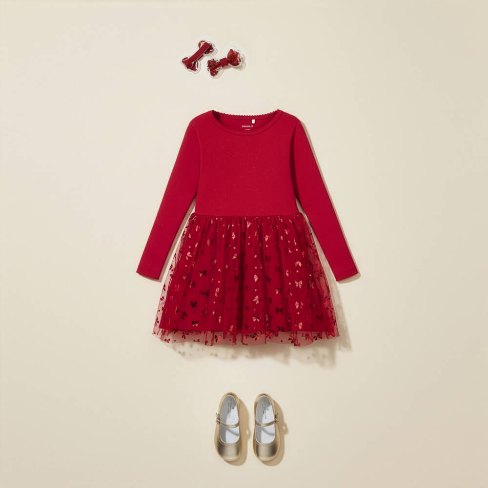 NAME IT-Red Rib And Tulle Dress | Childrensalon Outlet