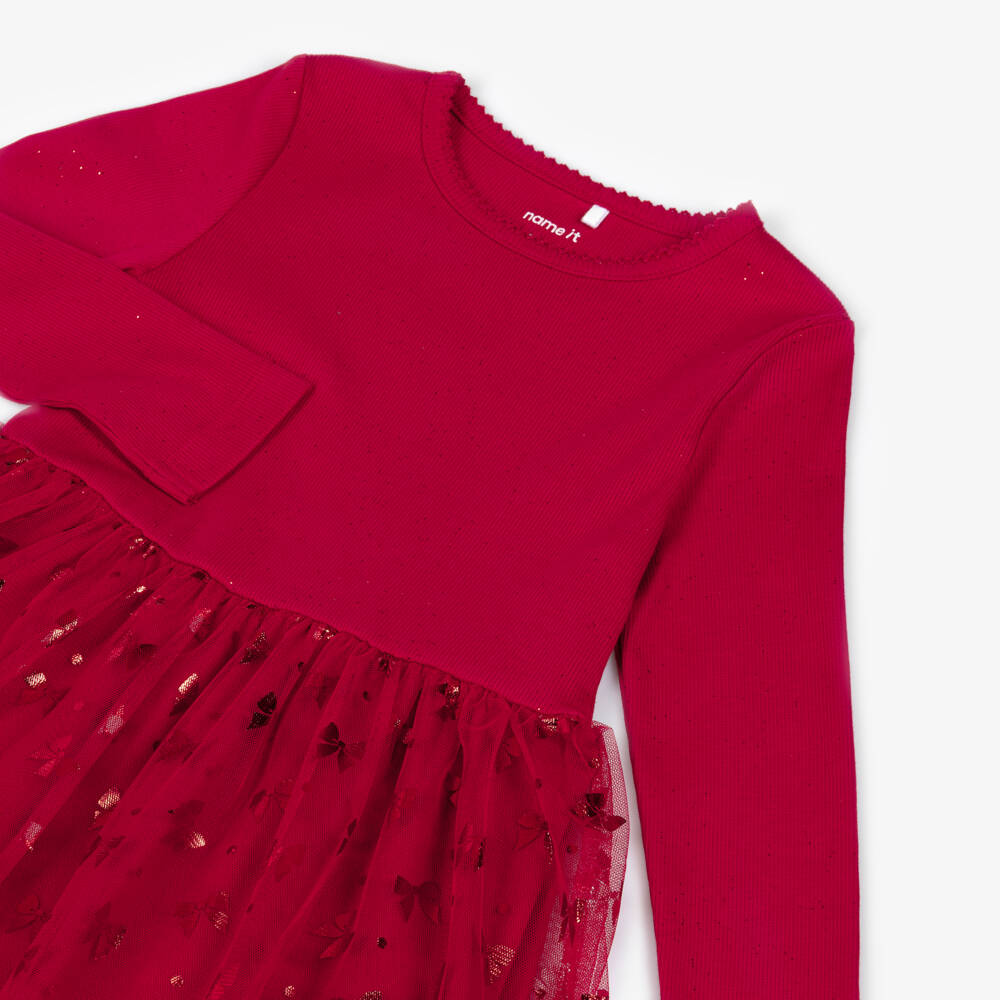 NAME IT-Red Rib And Tulle Dress | Childrensalon Outlet