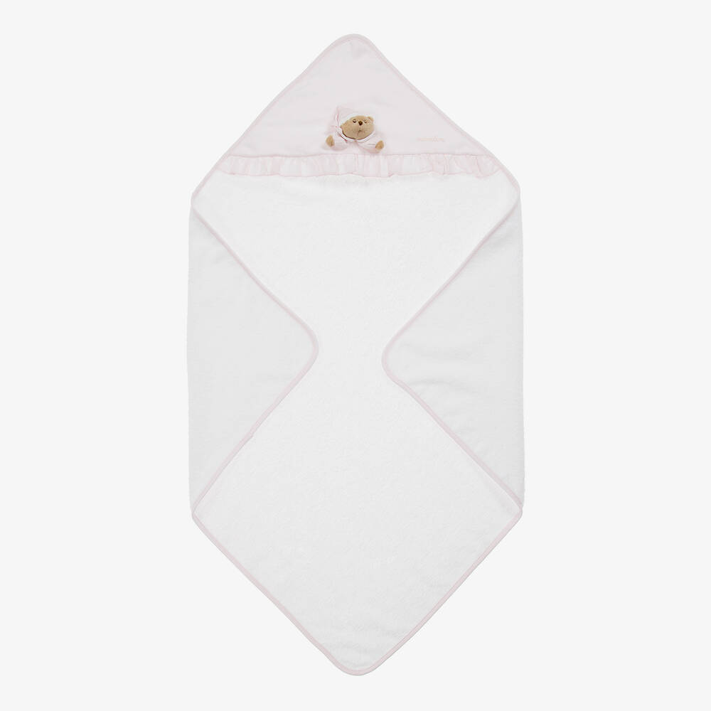 Nanán-White & Pink Hooded Baby Towel (74cm) | Childrensalon Outlet