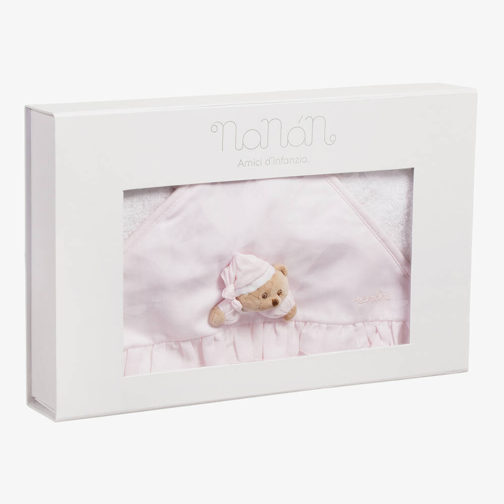 نانان-منشفة هودي قطن لون أبيض وزهري  (74سم) | Childrensalon Outlet