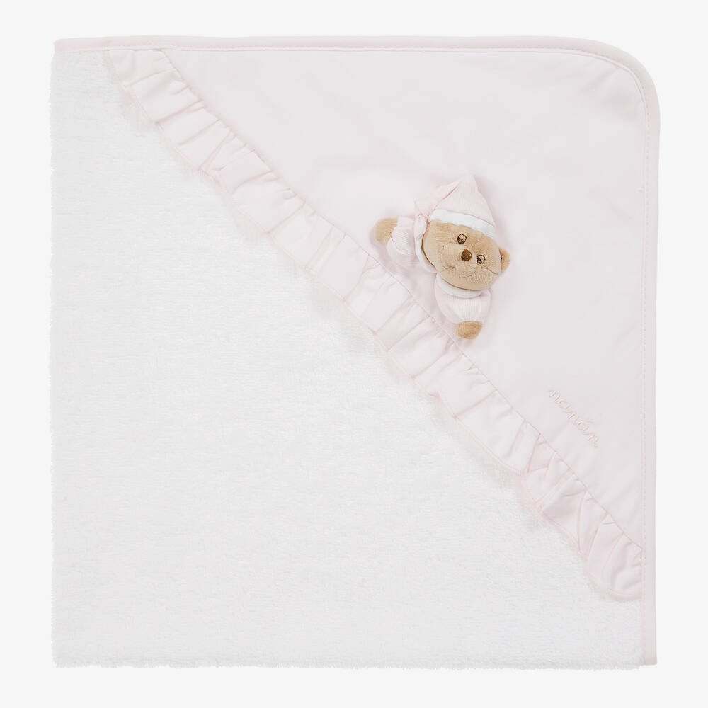 نانان-منشفة هودي قطن لون أبيض وزهري  (74سم) | Childrensalon Outlet