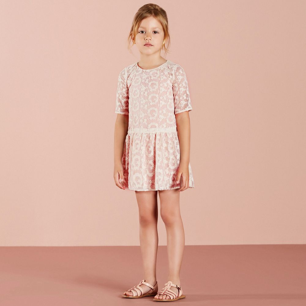 Nanos - Girls Pink Dress with Embroidered Overlay | Childrensalon Outlet