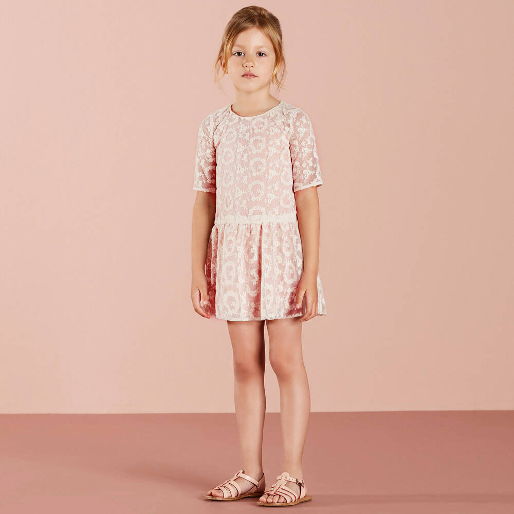 Nanos Girls Pink Dress with Embroidered Overlay Childrensalon Outlet