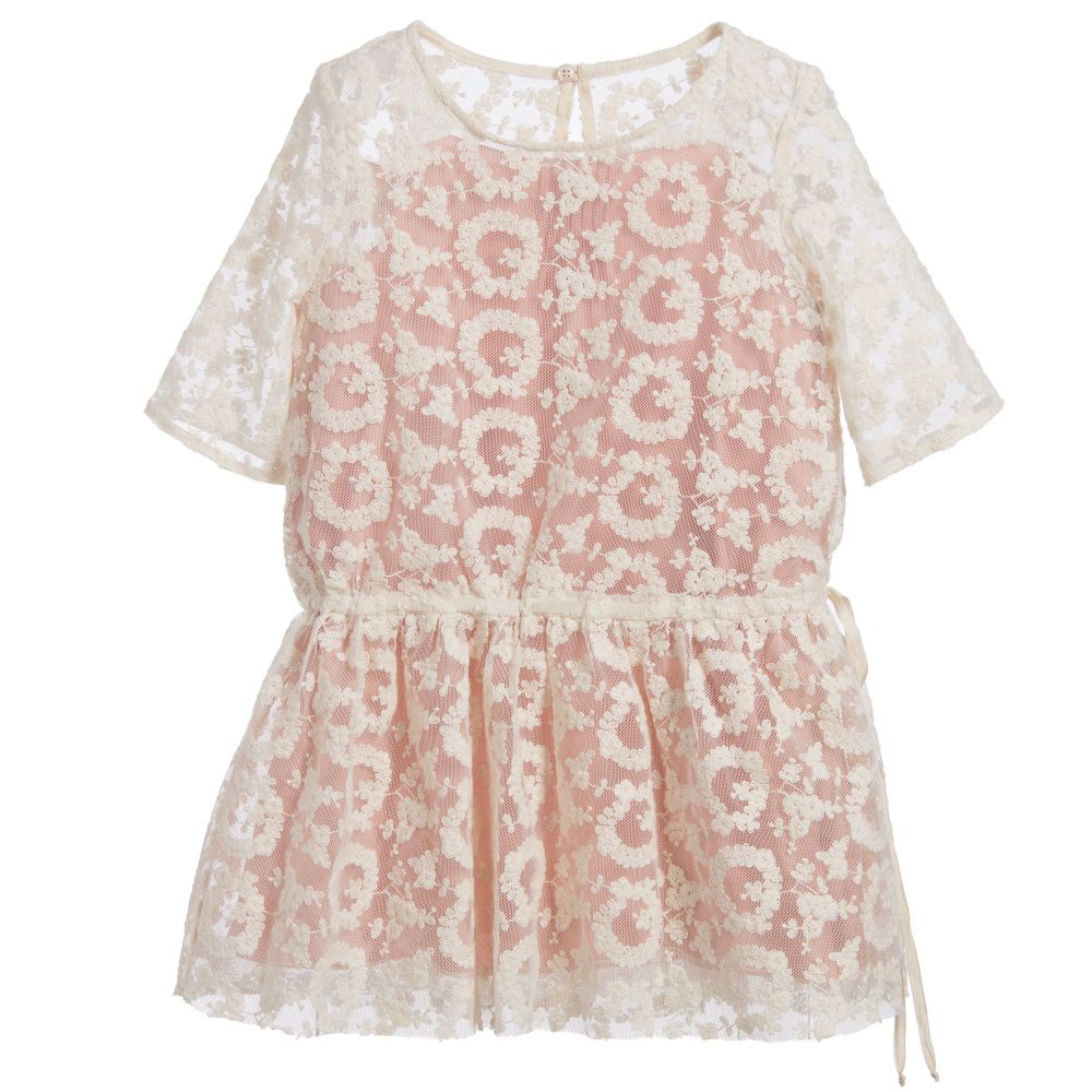 Nanos - Girls Pink Dress with Embroidered Overlay | Childrensalon